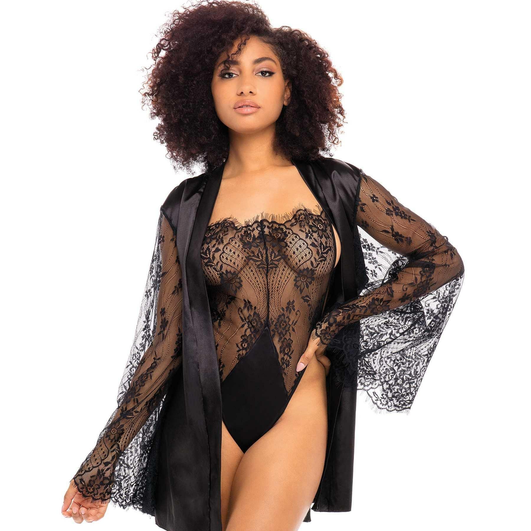 Elishia Satin Robe & Lace Teddy  |  Lingerie Sets Lingerie Black